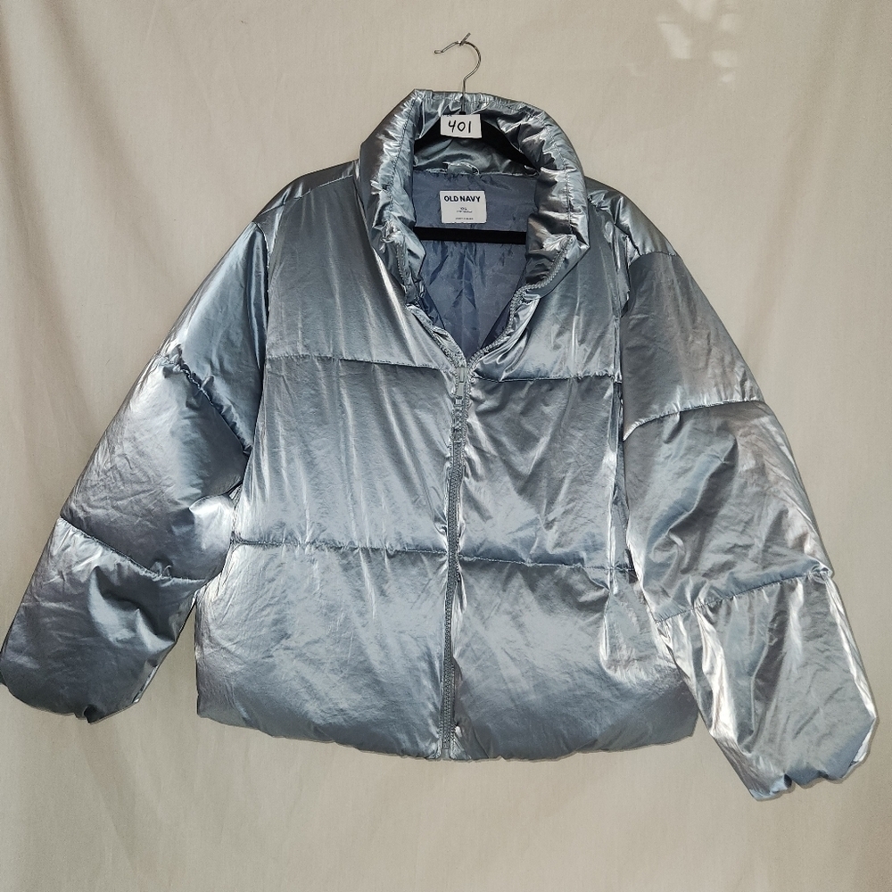 Rare Original$65 Old Navy Metallic Dusty Blue Silvery Womens XXL  Puffer Jacket
